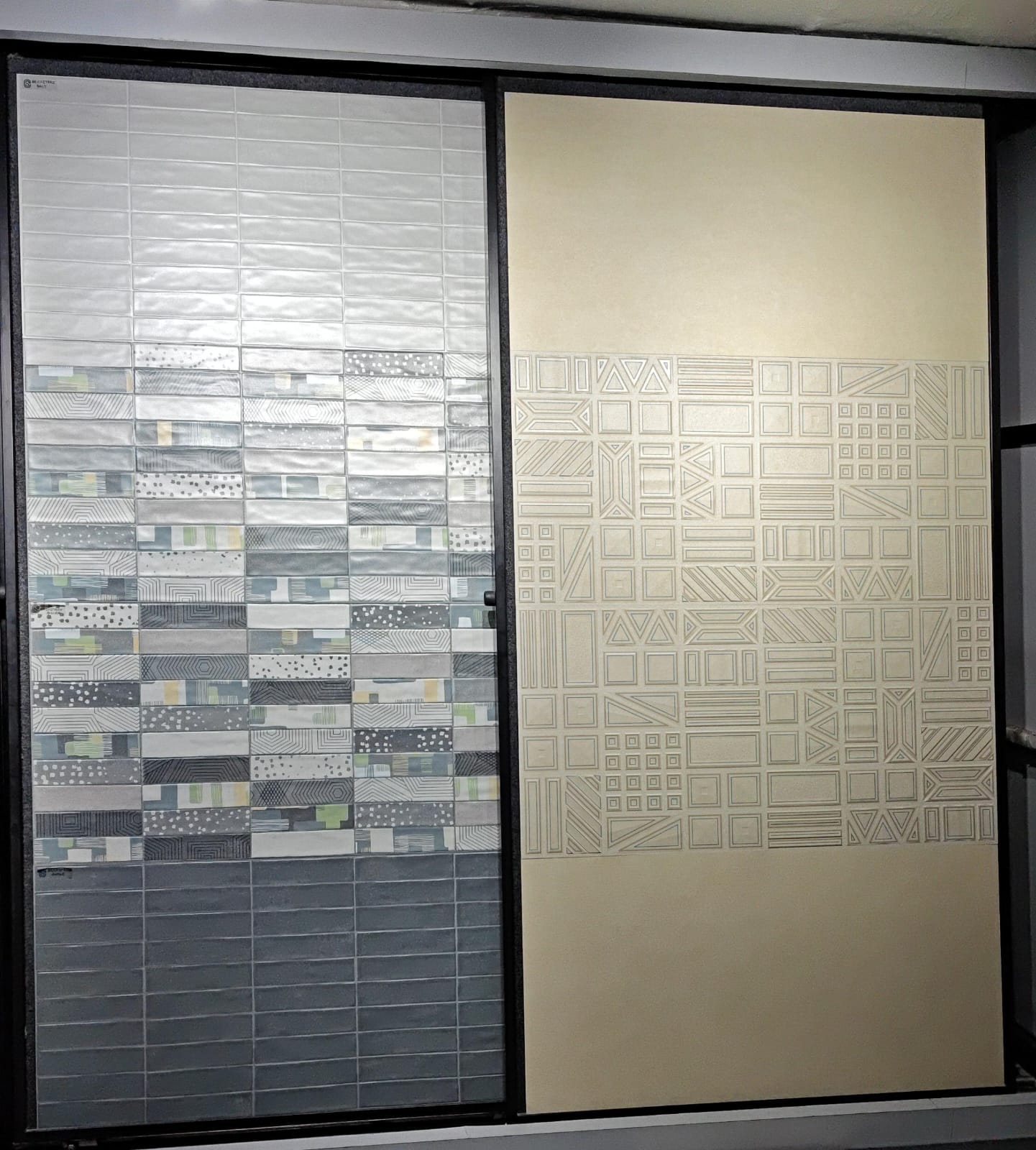 Ceramic wall tile display panels in patterned and geometric designs